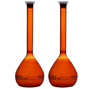 Iwaki Volumetric Flask with Plastic Stopper Coated Amber